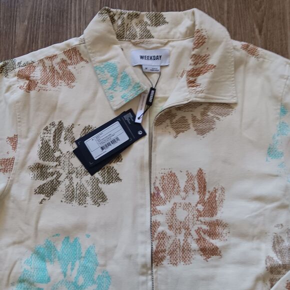 Denim Coat Jacket Women Medium Organic Cotton Zip Front Pockets Cream Floral NWT - Picture 3 of 15
